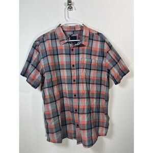 PrAna Men's Short Sleeve Button Up Shirt XL Blue Orange Plaid Hiking Gorpcore